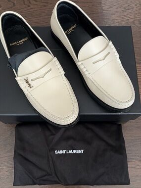 Saint Laurent Cream Leather Penny Loafers with Gold YSL Hardware